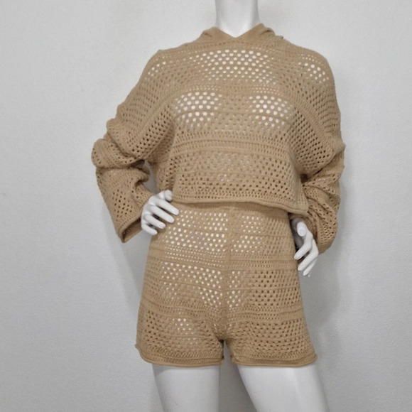 Sincerely Jules Coquette NEW Tan Boho Crochet Short & Bell Sleeve Sweater Set XL - Picture 1 of 8
